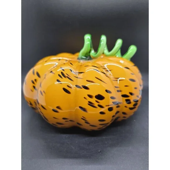 ART GLASS HAND BLOWN PUMPKIN LONG CURLY STEM HALLOWEEN FALL AUTUMN DECOR 7” - Picture 2 of 11
